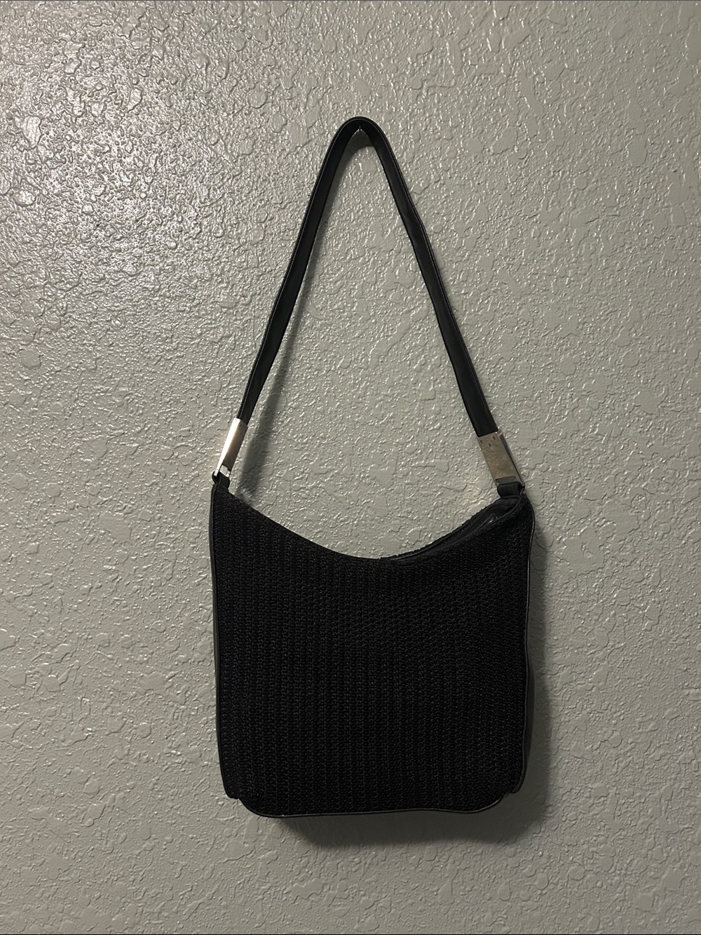 Black Y2K Woven Crochet and Leather Shoulder / Hobo Bag